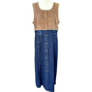 Vintage Denim Corduroy Button‎ Front Jumper Dress Women's L Studio Wear Western